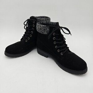 Blue Suede Shoes Boots Womens Black Lace up Faux Suede Size 9 EUC Knit Trim